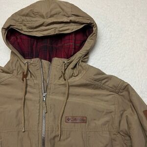 Columbia Jacket Mens M Brown Hooded Plaid Lined Full Zip Utility Field Coat